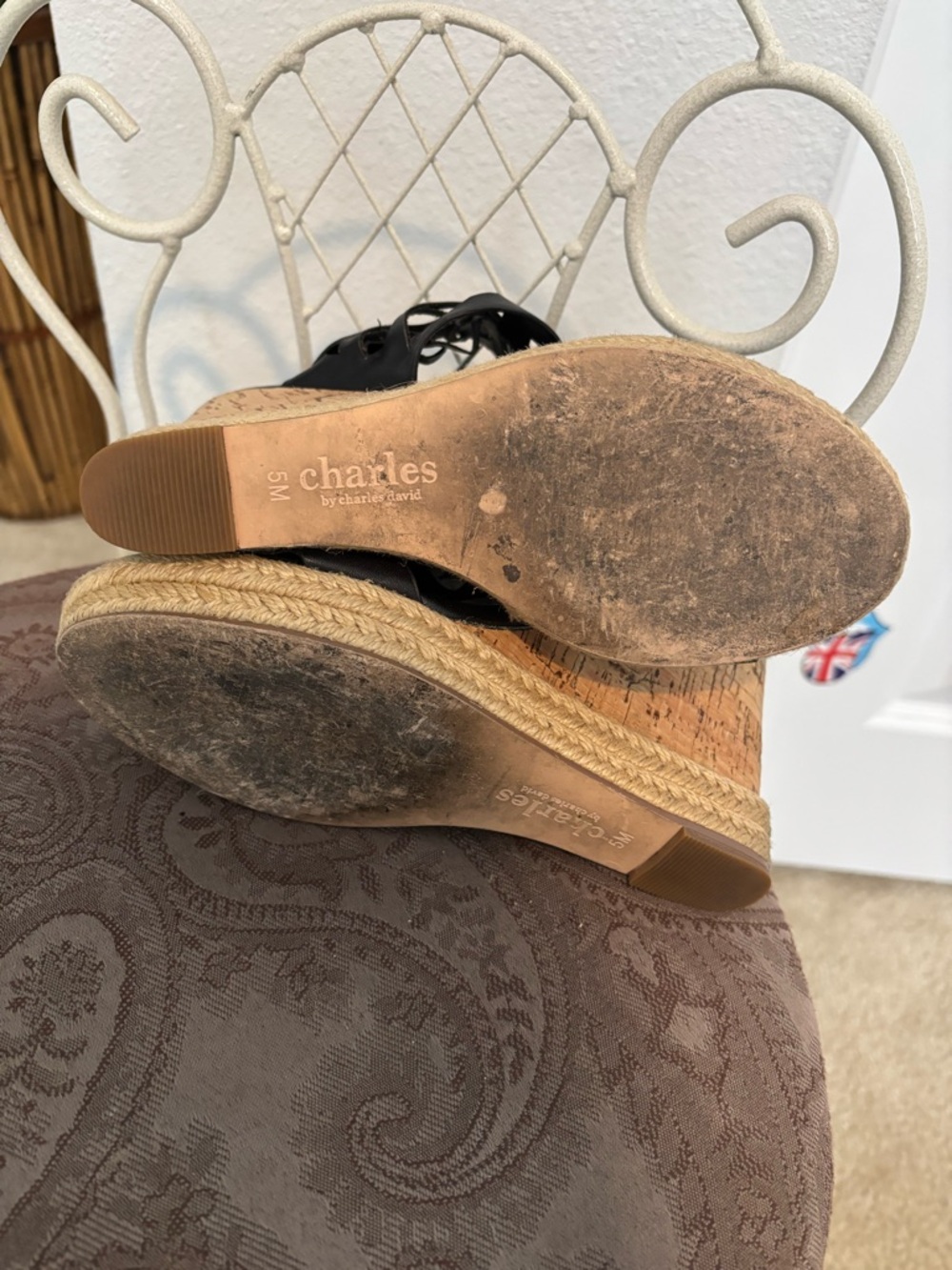 Charles By Charles David Black Leather Espadrille Wedges. Sz 5 - Picture 7 of 8